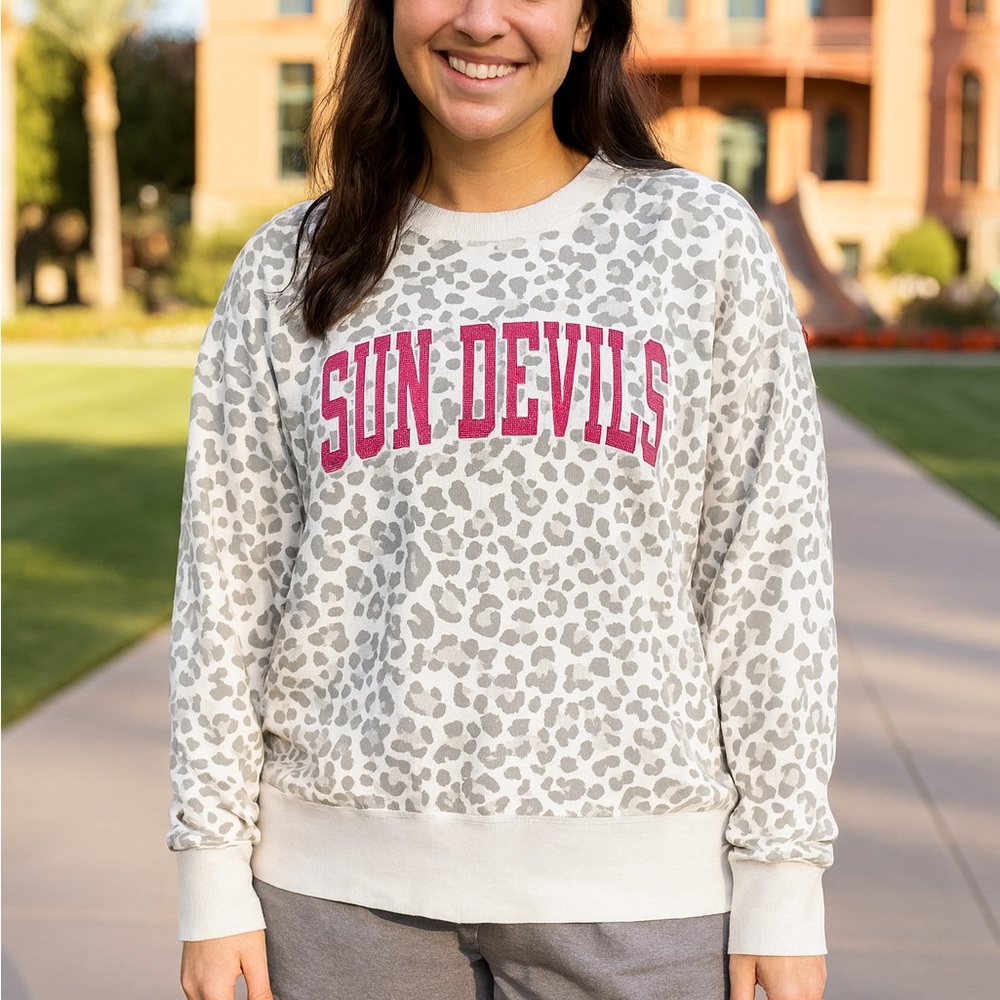 ASU Sun Devils Women's Crew Neck Sweater - White and Gray leopard print size L